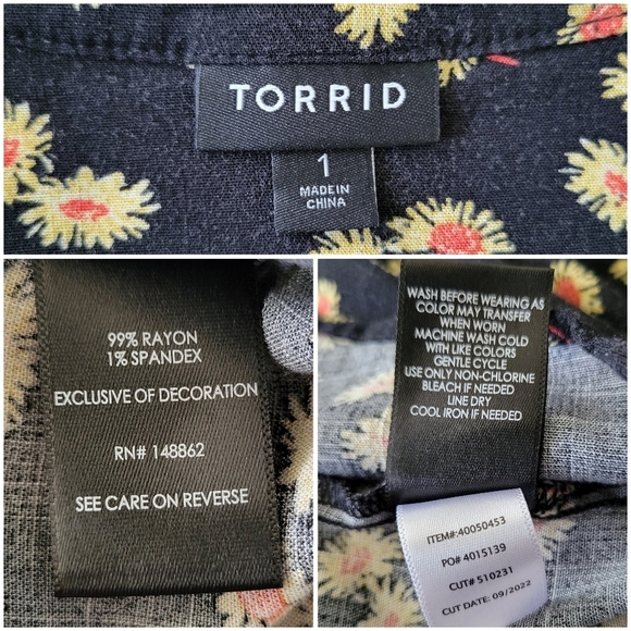 Torrid Rayon Slub Peasant Long Sleeve Pleated Top Women’s 1X Black Daisy Pattern - Picture 8 of 11